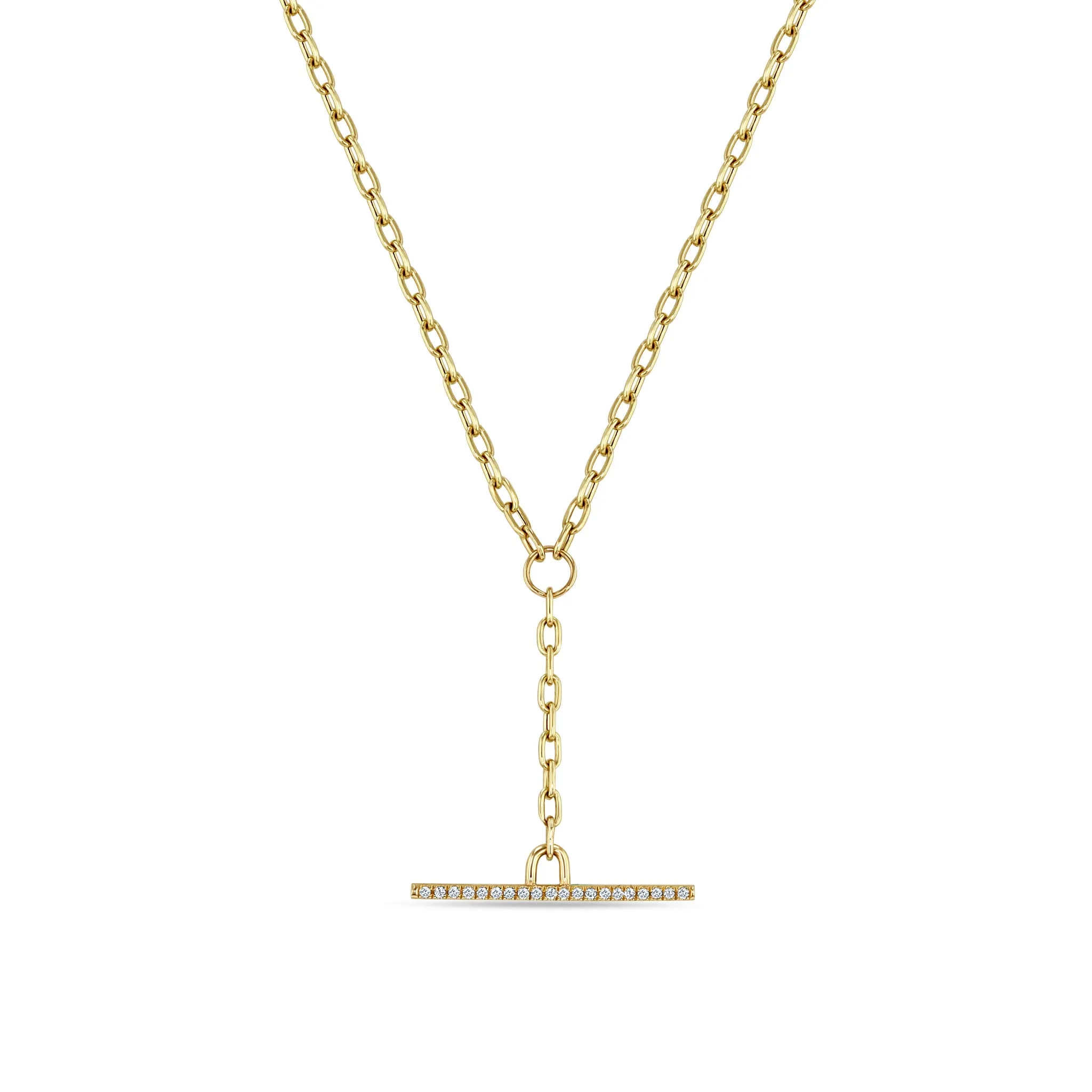 14k Small Square Oval Chain Pavé Diamond Faux Toggle Lariat Necklace