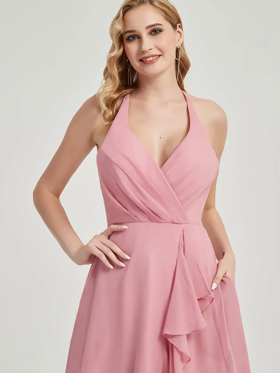 Blush Halter V-Neck Backless High Low Maxi Chiffon Bridesmaid Dress