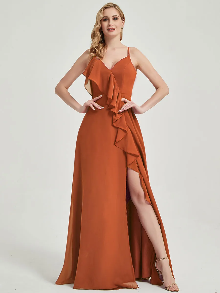 Burnt Orange Criss-Cross Straps Ruffles Slit Chiffon Bridesmaid Dress