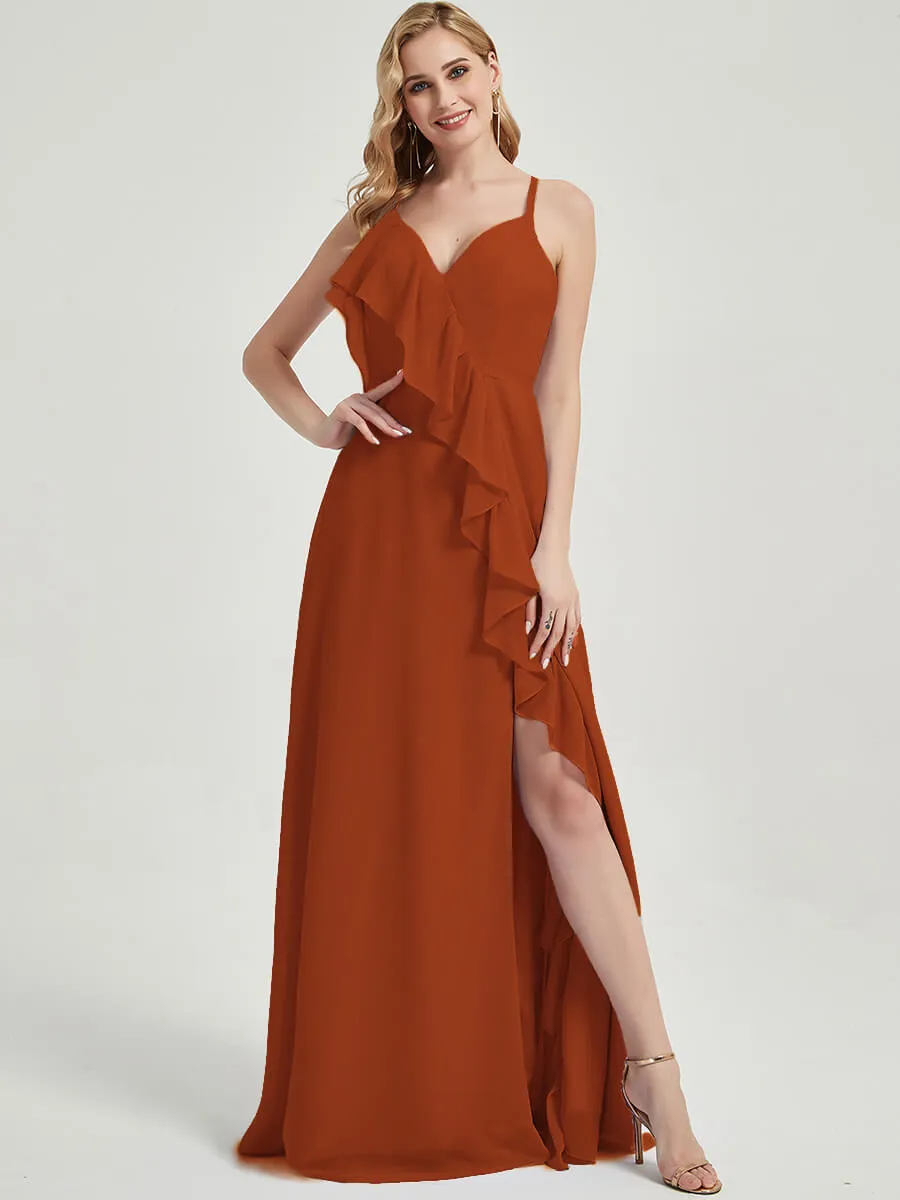 Burnt Orange Criss-Cross Straps Ruffles Slit Chiffon Bridesmaid Dress