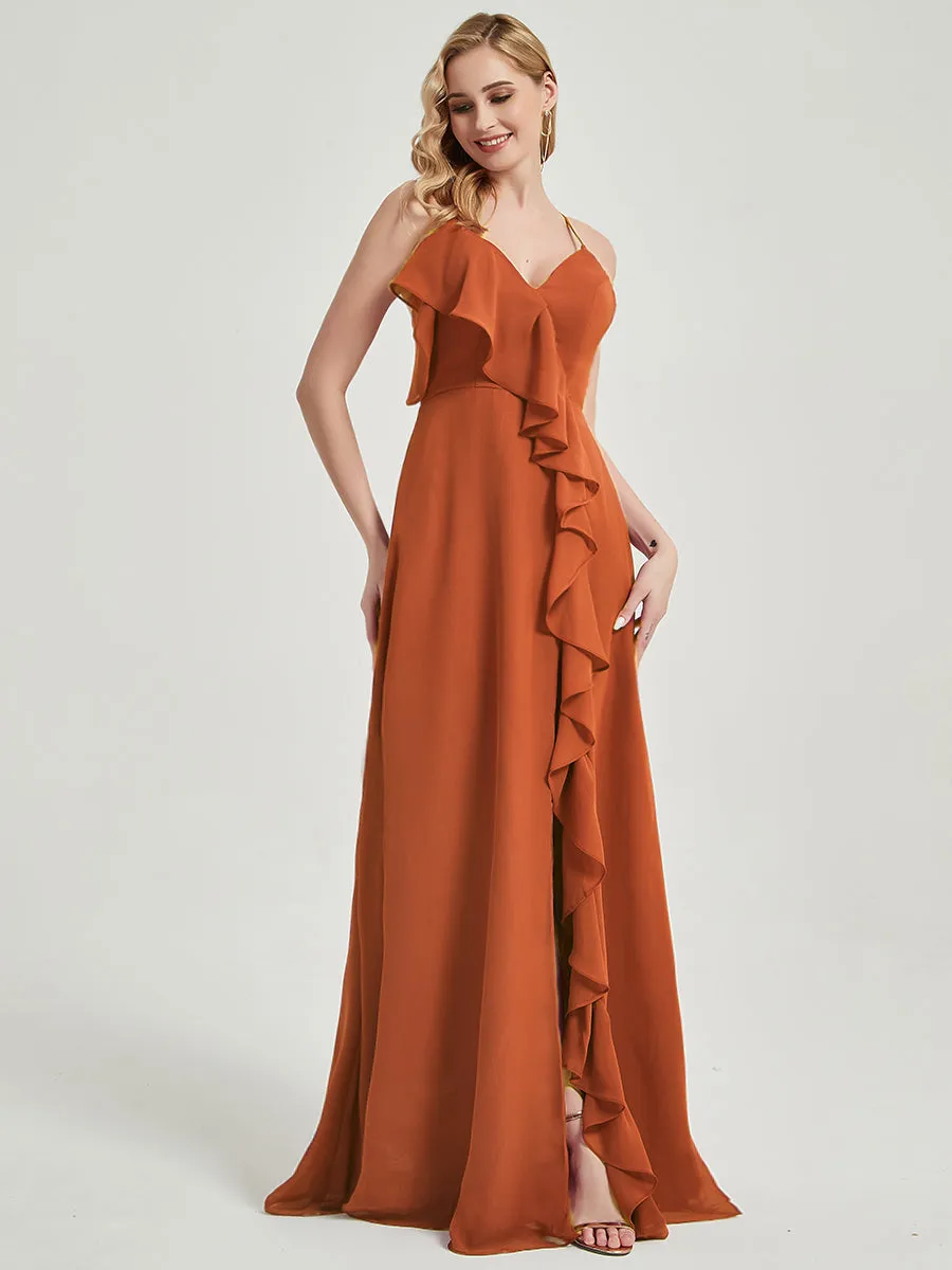 Burnt Orange Criss-Cross Straps Ruffles Slit Chiffon Bridesmaid Dress