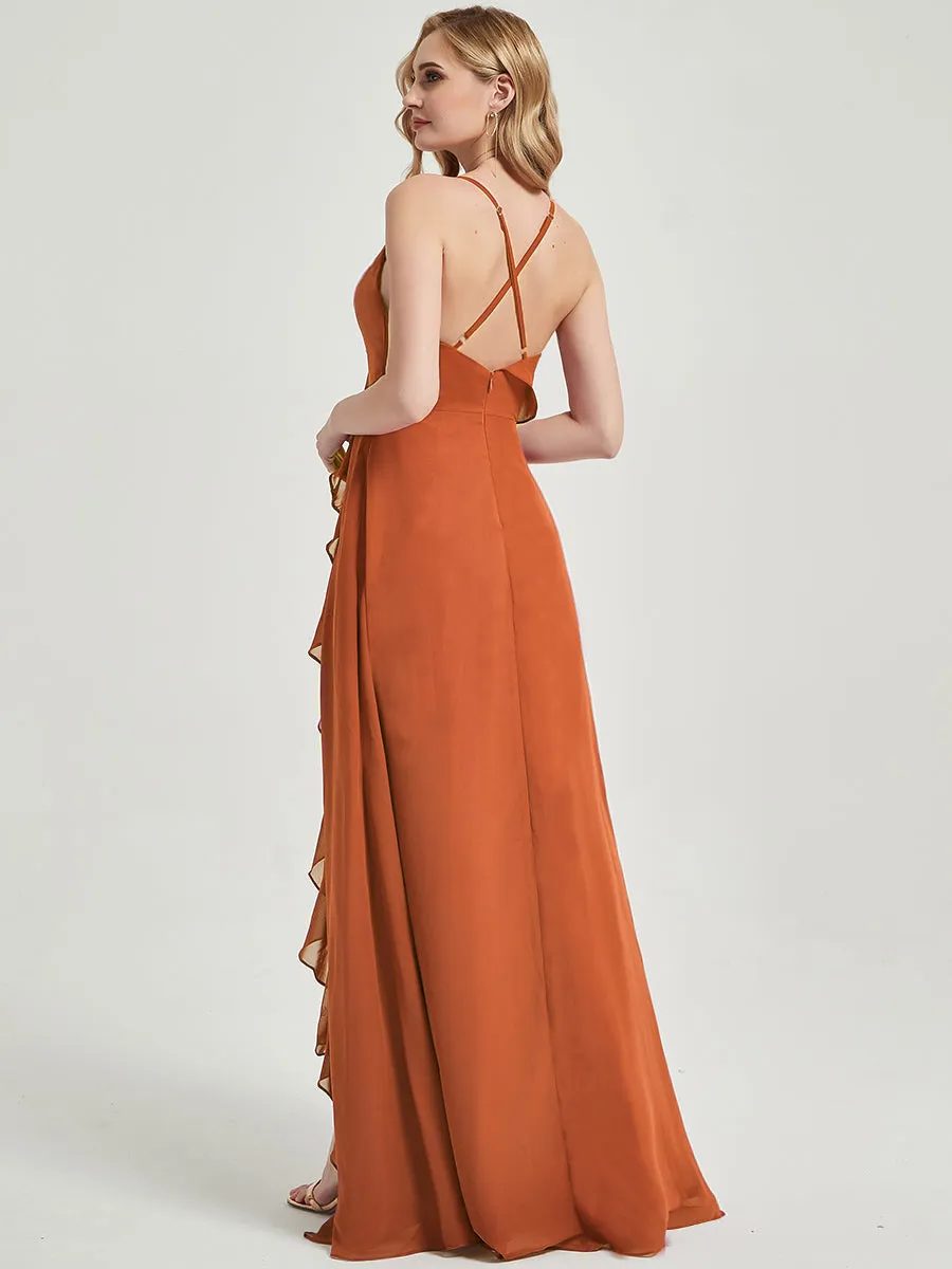 Burnt Orange Criss-Cross Straps Ruffles Slit Chiffon Bridesmaid Dress