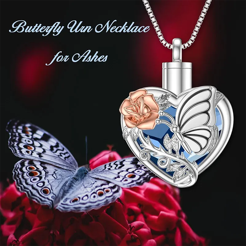 Butterfly Urn Necklace for Ashes Sterling Silver Cremation Necklace with Blue Heart Crystal Cremation Jewelry