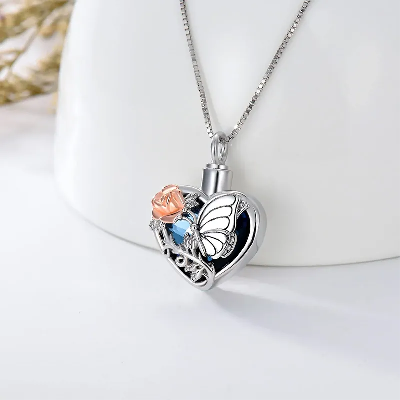 Butterfly Urn Necklace for Ashes Sterling Silver Cremation Necklace with Blue Heart Crystal Cremation Jewelry