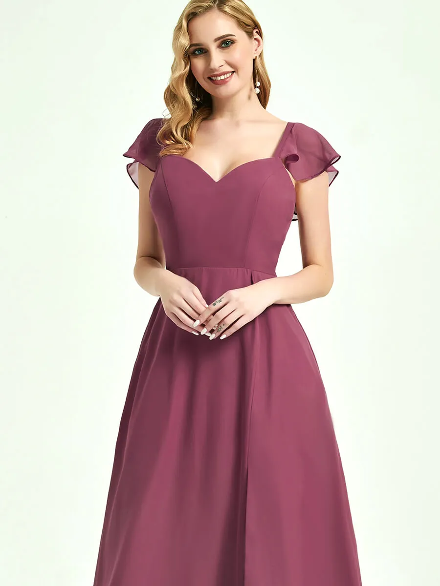 Cabernet Ruffle Cap Sleeve Maxi Chiffon Bridesmaid Dress With Slit