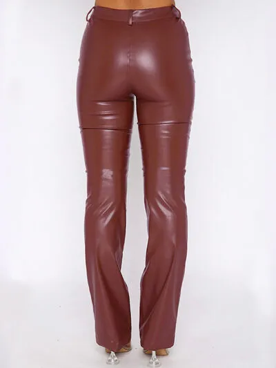 Chestnut PU Leather High Waist Straight Pants