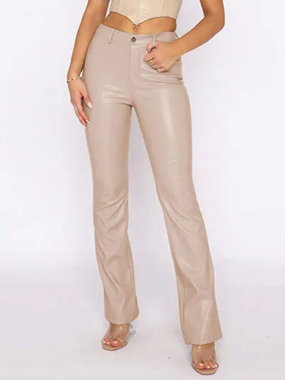 Chestnut PU Leather High Waist Straight Pants