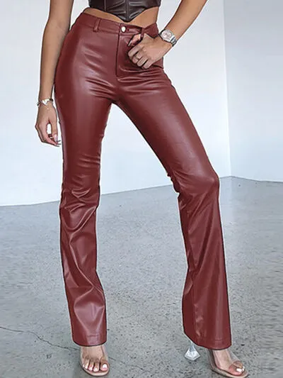 Chestnut PU Leather High Waist Straight Pants