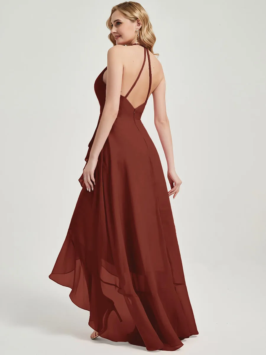 Cinnamon Rose Halter V-Neck Backless High Low Chiffon Bridesmaid Dress