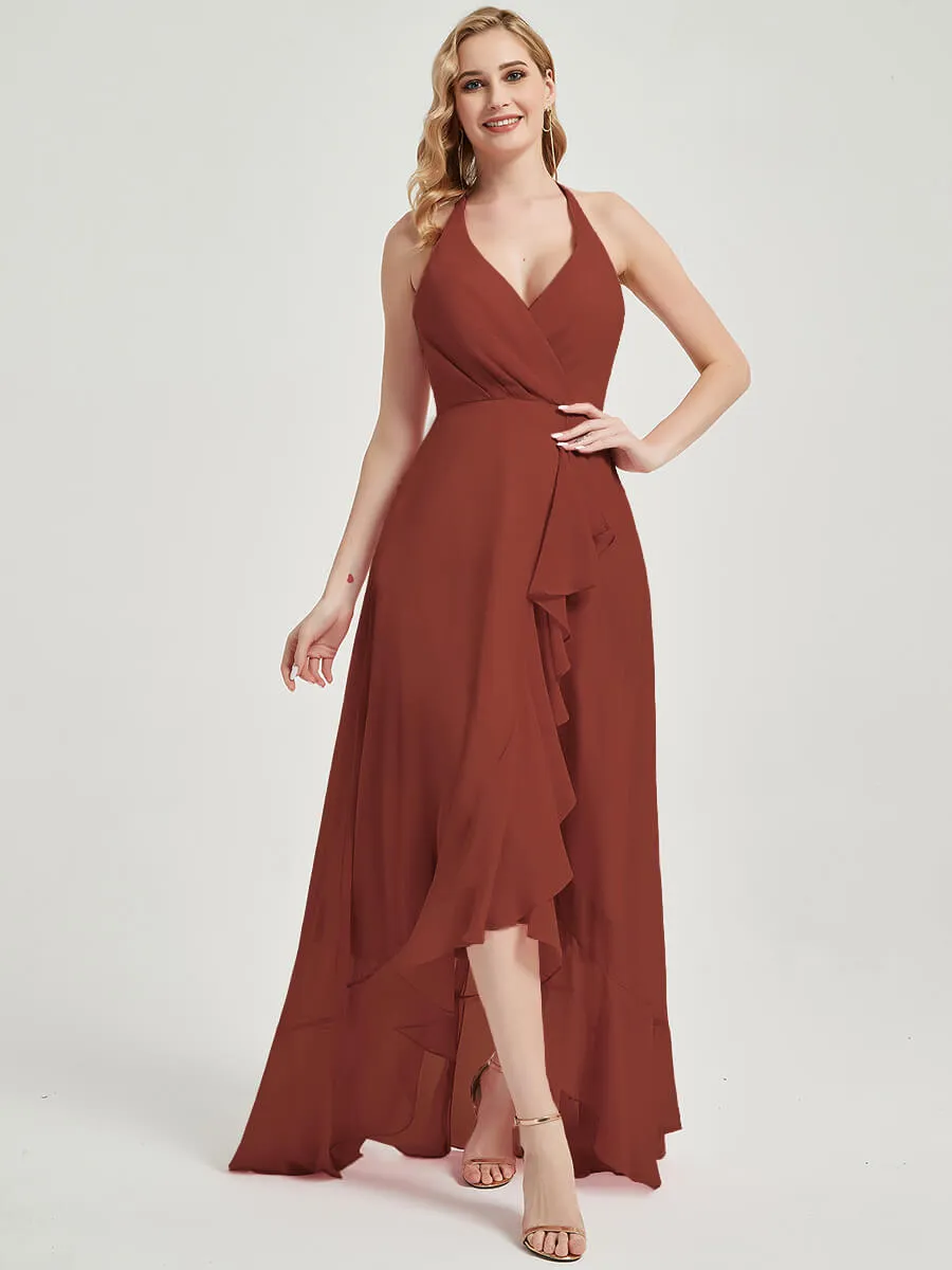 Cinnamon Rose Halter V-Neck Backless High Low Chiffon Bridesmaid Dress