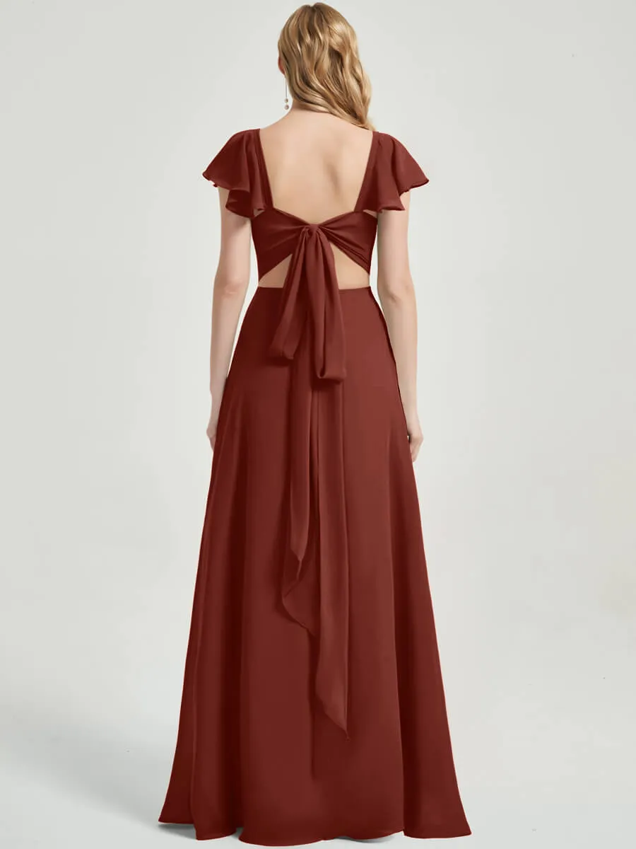 Cinnamon Rose Ruffle Cap Sleeve Maxi Chiffon Bridesmaid Dress With Slit