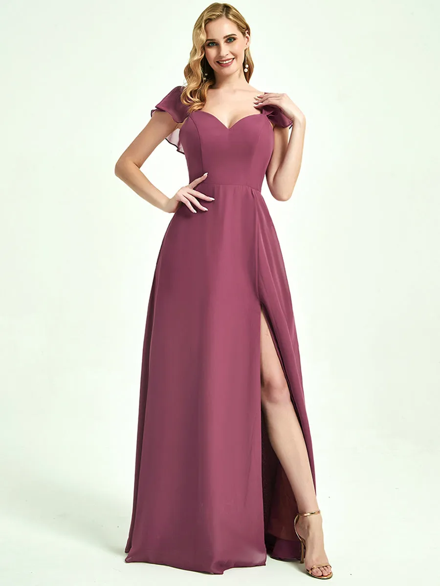 Cinnamon Rose Ruffle Cap Sleeve Maxi Chiffon Bridesmaid Dress With Slit