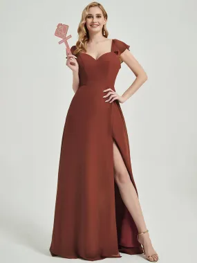 Cinnamon Rose Ruffle Cap Sleeve Maxi Chiffon Bridesmaid Dress With Slit