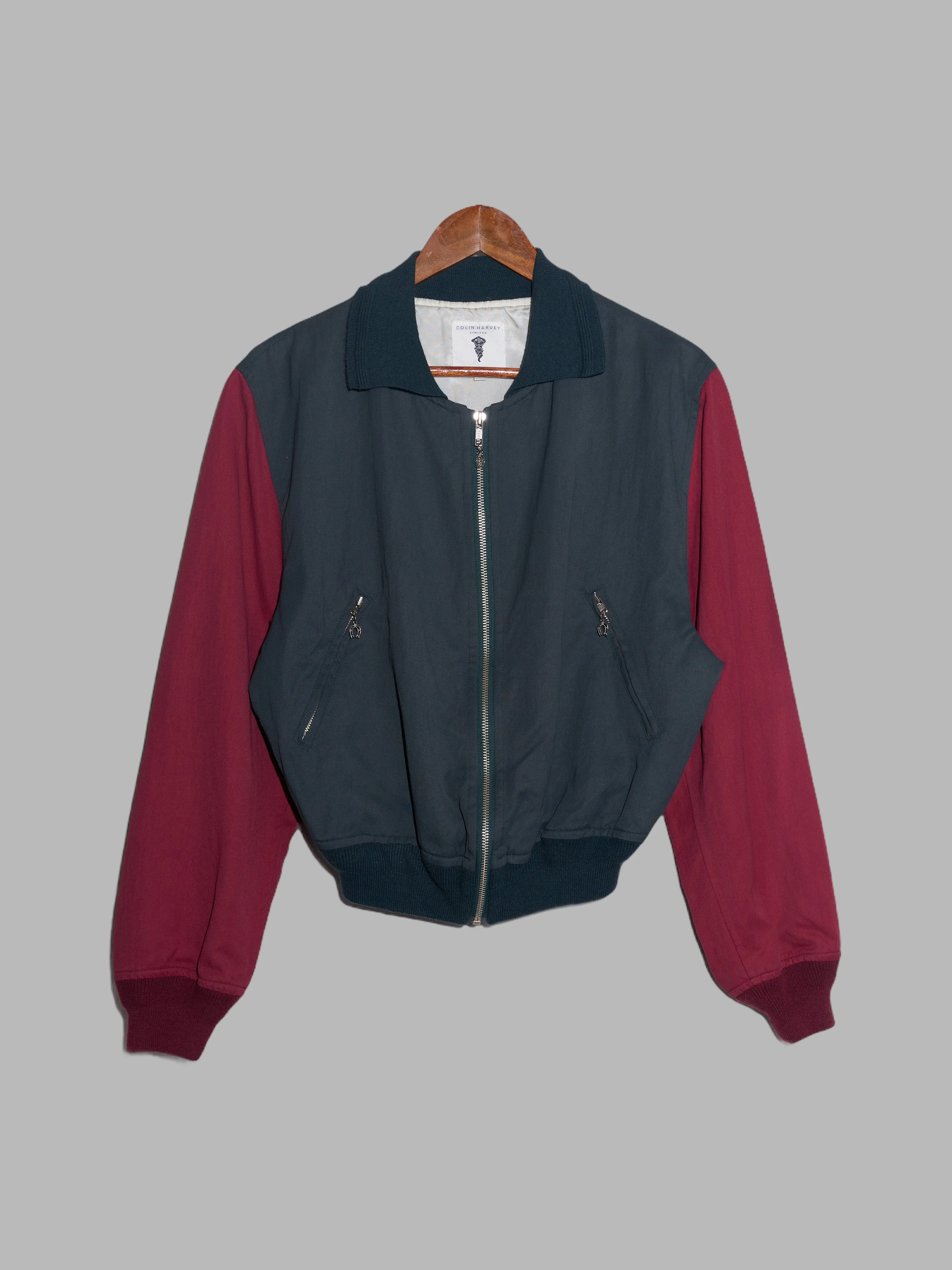 Colin Harvey 1980s green bomber jacket with wine red sleeves - mens S M