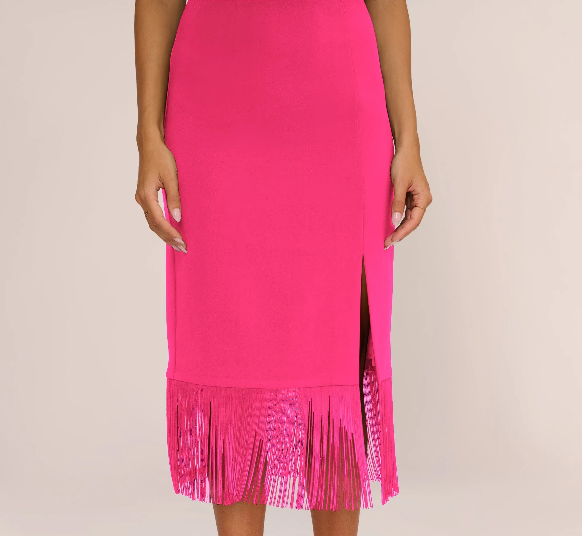 Crepe Popover Midi Dress With Fringe Trim In Lipstick