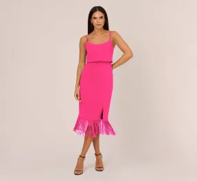 Crepe Popover Midi Dress With Fringe Trim In Lipstick