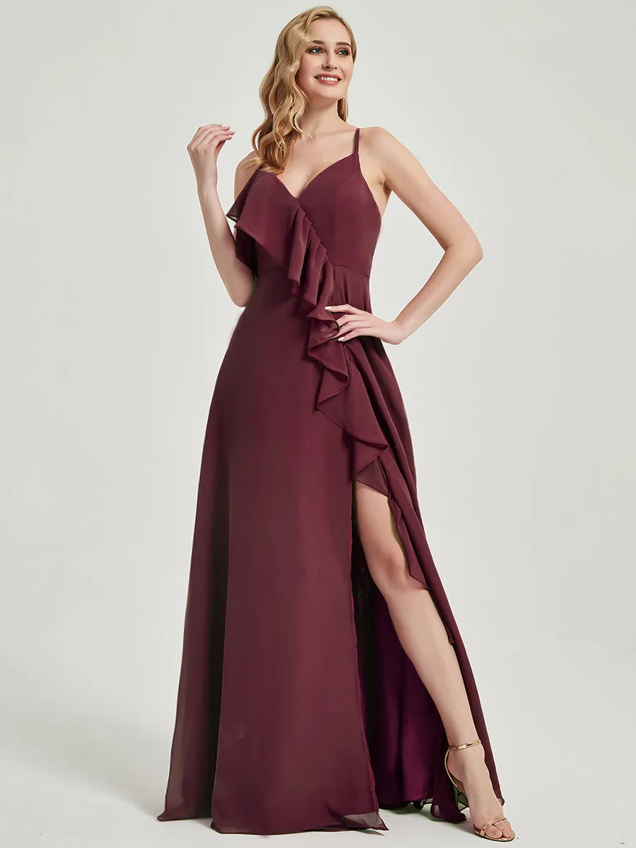 Criss-Cross Straps Ruffles Slit Chiffon Maxi Bridesmaid Dress Mauve