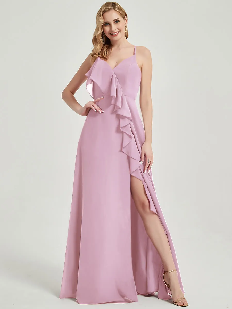 Criss-Cross Straps Ruffles Slit Chiffon Maxi Bridesmaid Dress Mauve