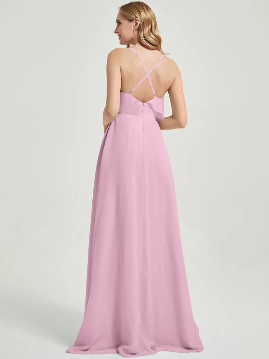 Criss-Cross Straps Ruffles Slit Chiffon Maxi Bridesmaid Dress Mauve