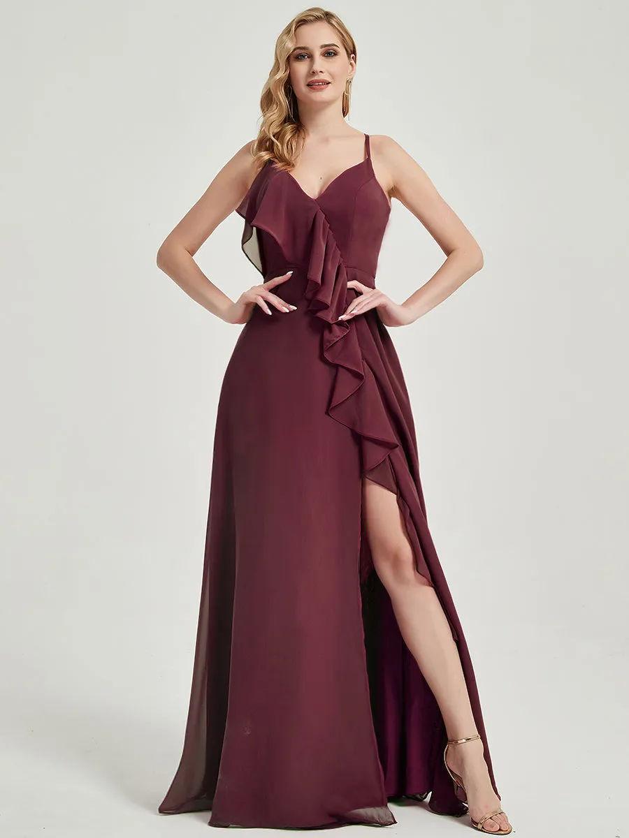 Criss-Cross Straps Ruffles Slit Chiffon Maxi Bridesmaid Dress Mauve