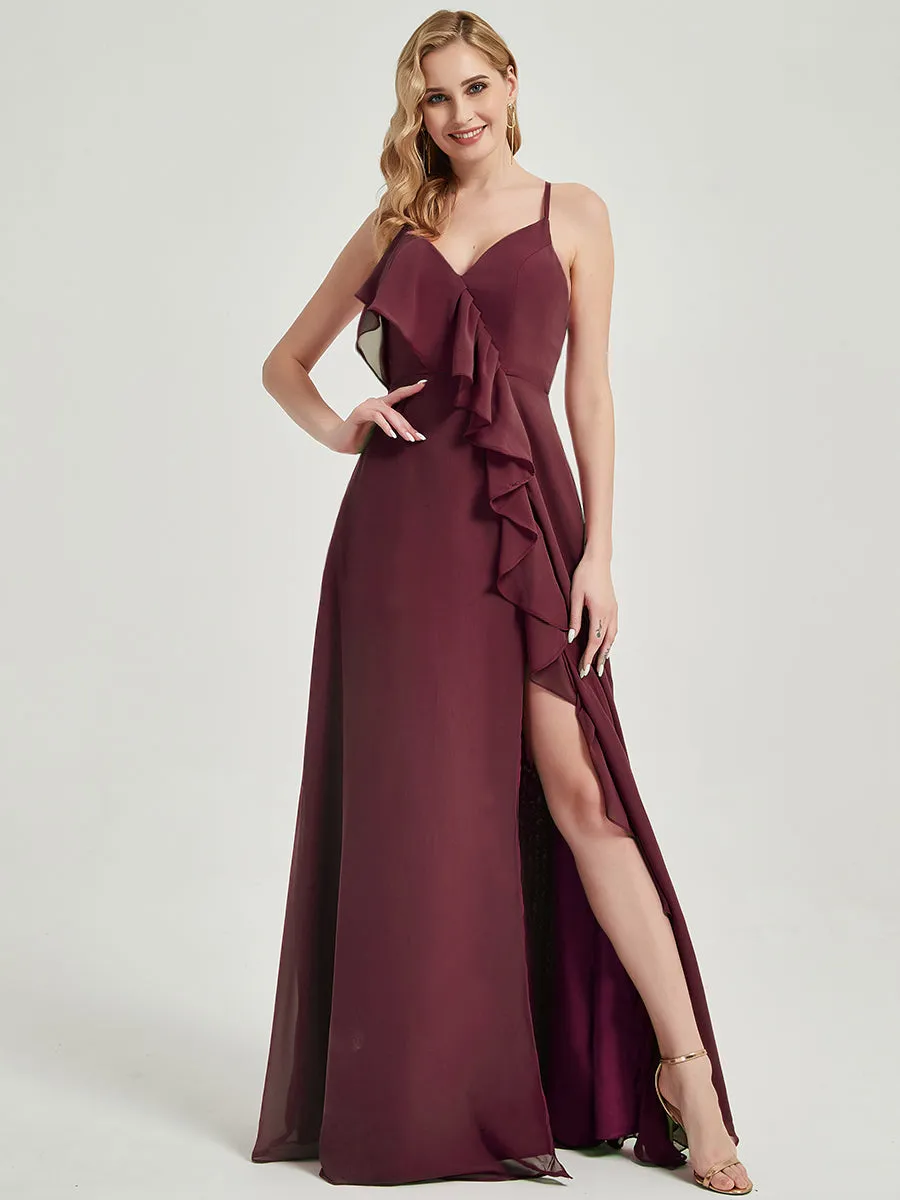 Criss-Cross Straps Ruffles Slit Chiffon Maxi Bridesmaid Dress Mauve