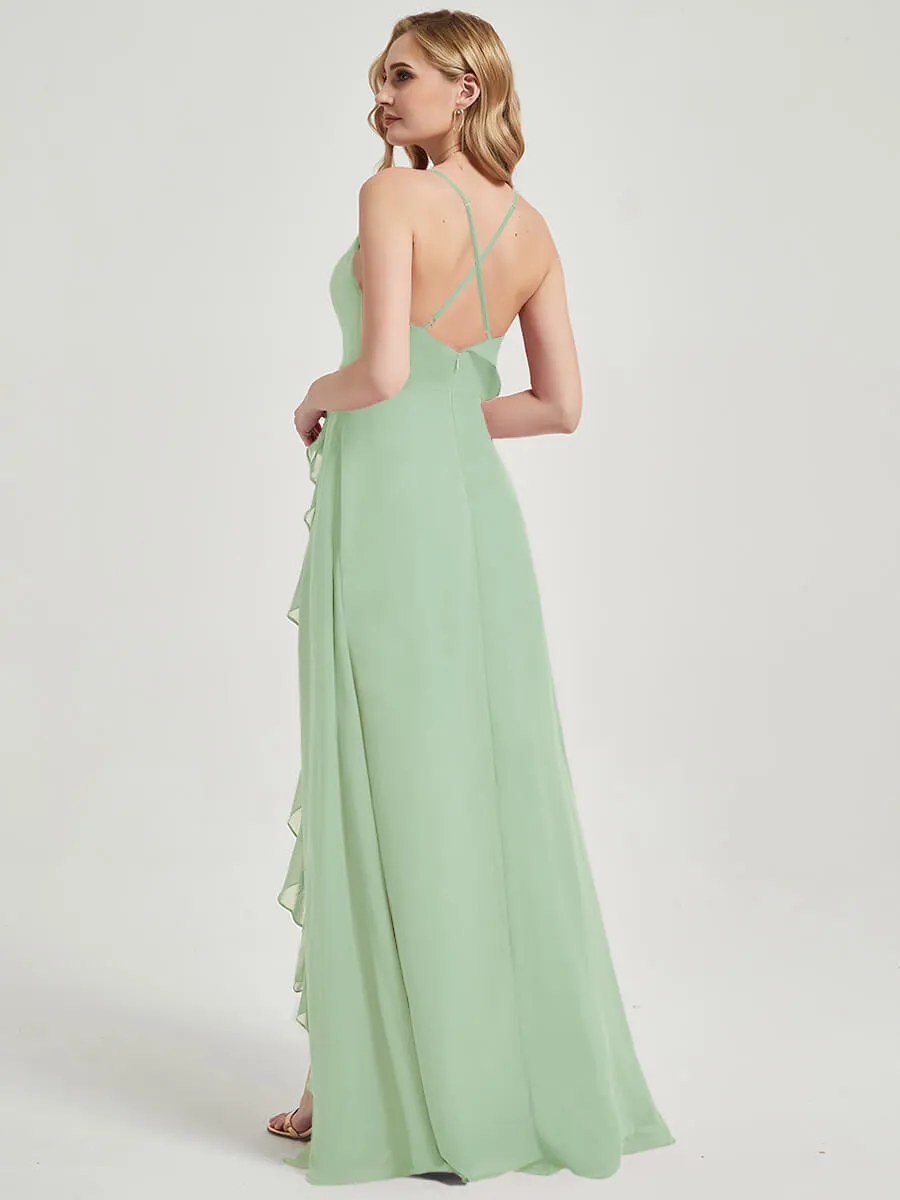 Criss-Cross Straps Ruffles Slit Chiffon Maxi Bridesmaid Dress Sage Green