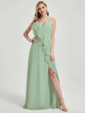 Criss-Cross Straps Ruffles Slit Chiffon Maxi Bridesmaid Dress Sage Green