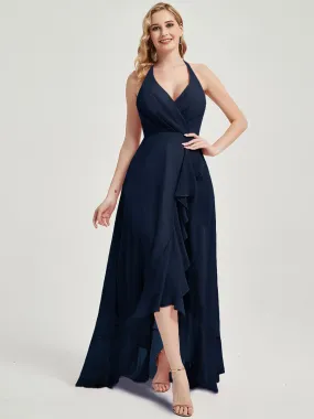 Dark Navy Halter V-Neck Backless High Low Chiffon Bridesmaid Dress