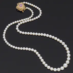 Estate 3.5-7.0 mm Pearl, Ruby & Diamond 14K Yellow Gold Beaded Strand Necklace