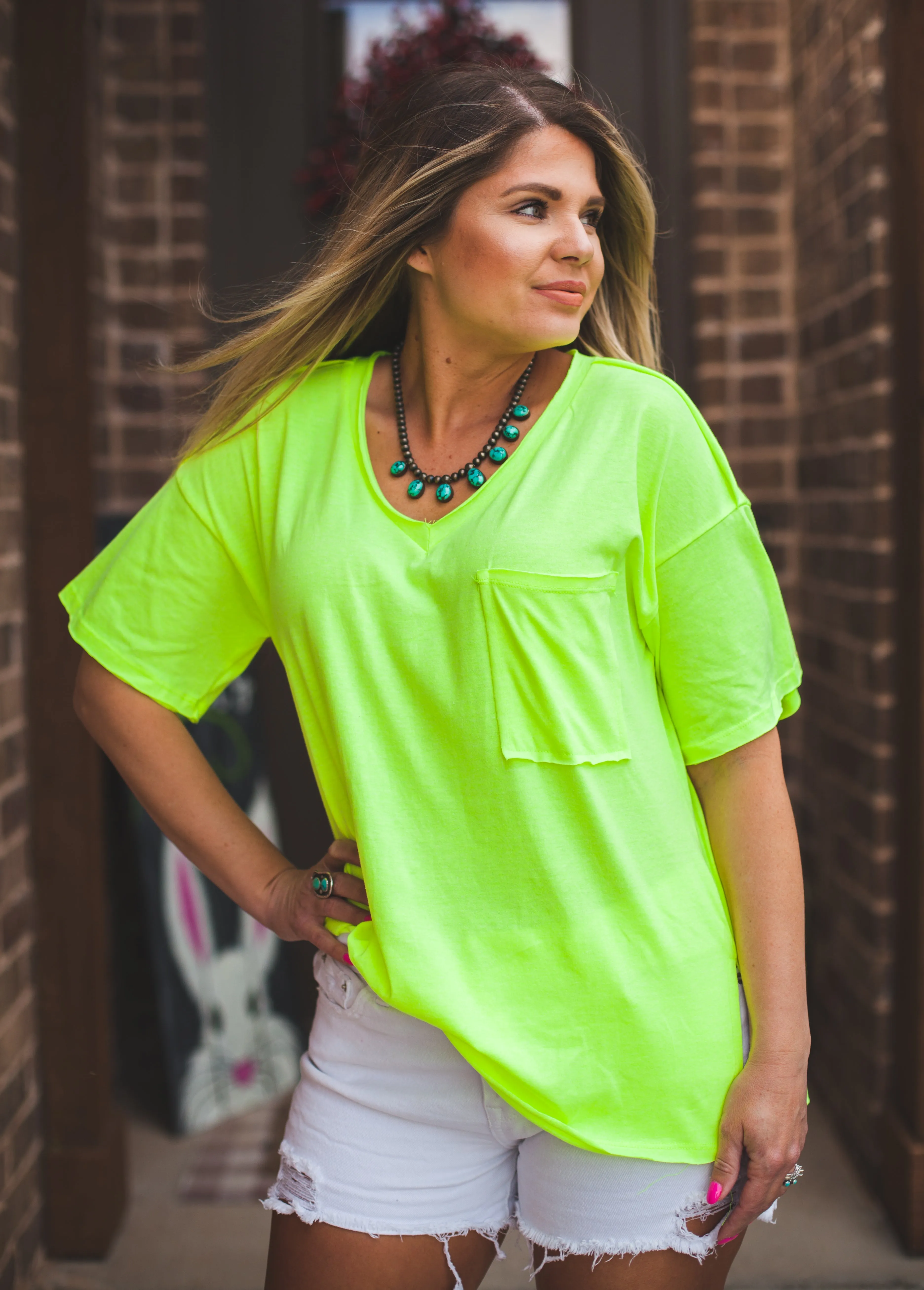 Front Pocket Boyfriend Tee in Neon Yellow