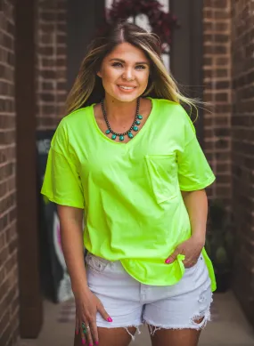 Front Pocket Boyfriend Tee in Neon Yellow