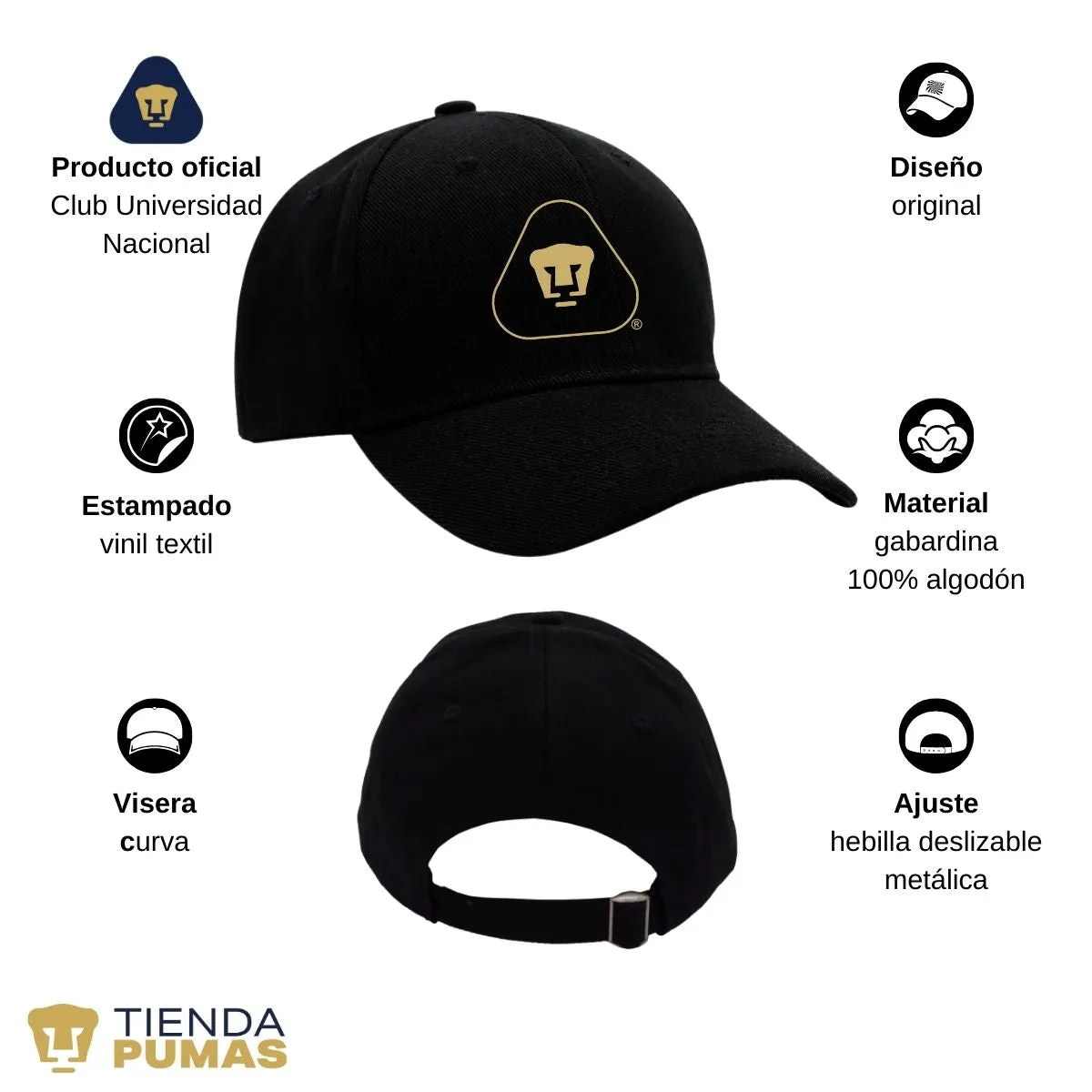 Gorra Pumas UNAM Hombre Mujer Ajustable Emblema Dorado 6 Vinil