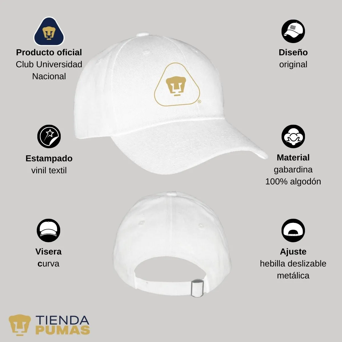 Gorra Pumas UNAM Hombre Mujer Ajustable Emblema Dorado 6 Vinil