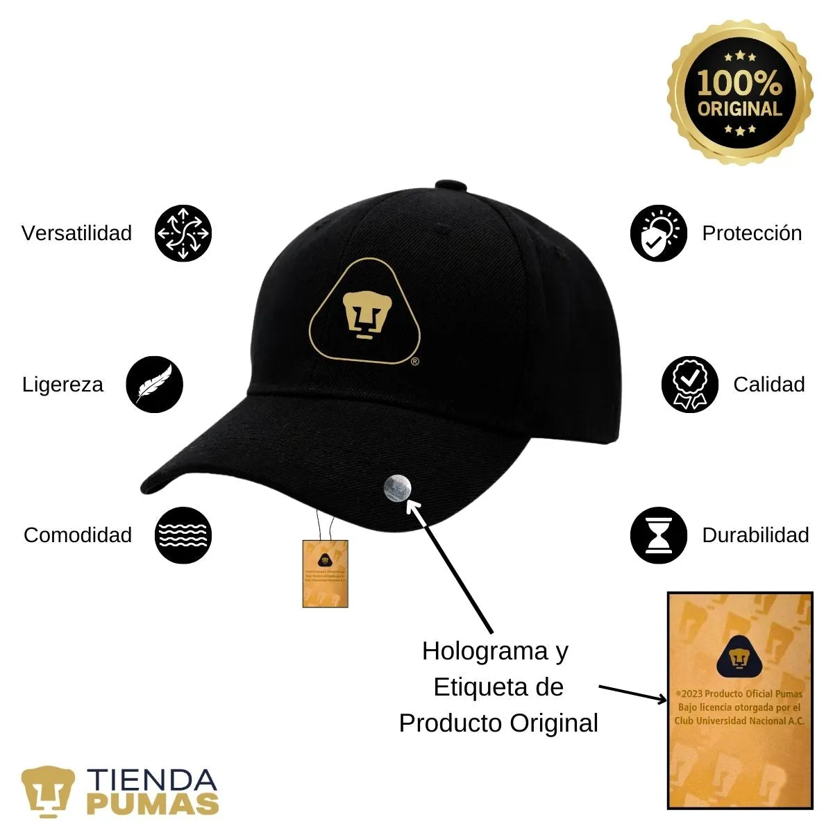 Gorra Pumas UNAM Hombre Mujer Ajustable Emblema Dorado 6 Vinil