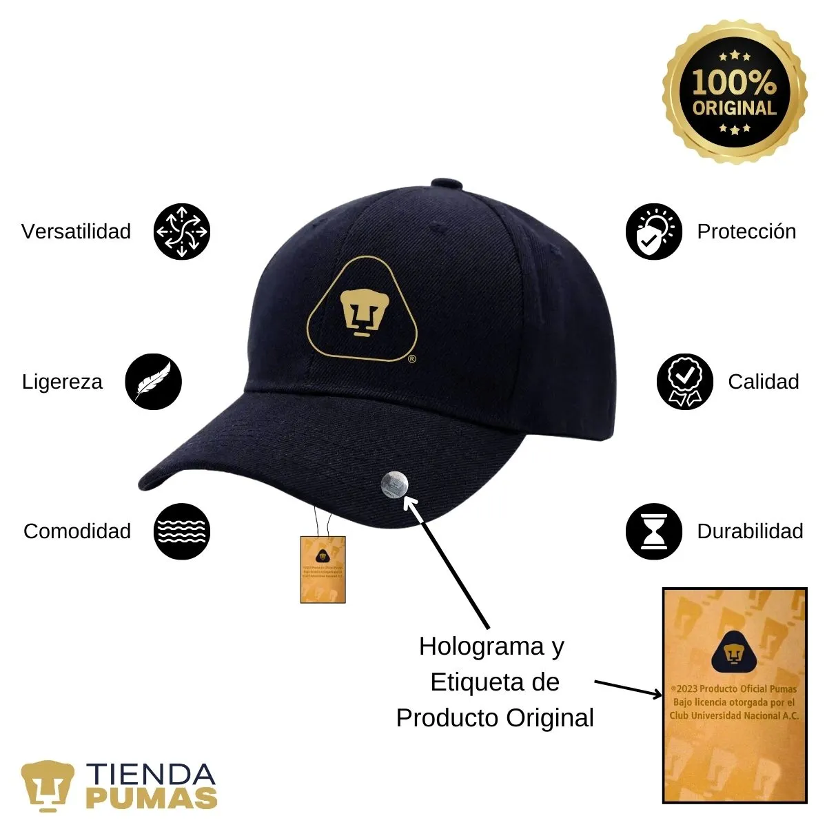 Gorra Pumas UNAM Hombre Mujer Ajustable Emblema Dorado 6 Vinil