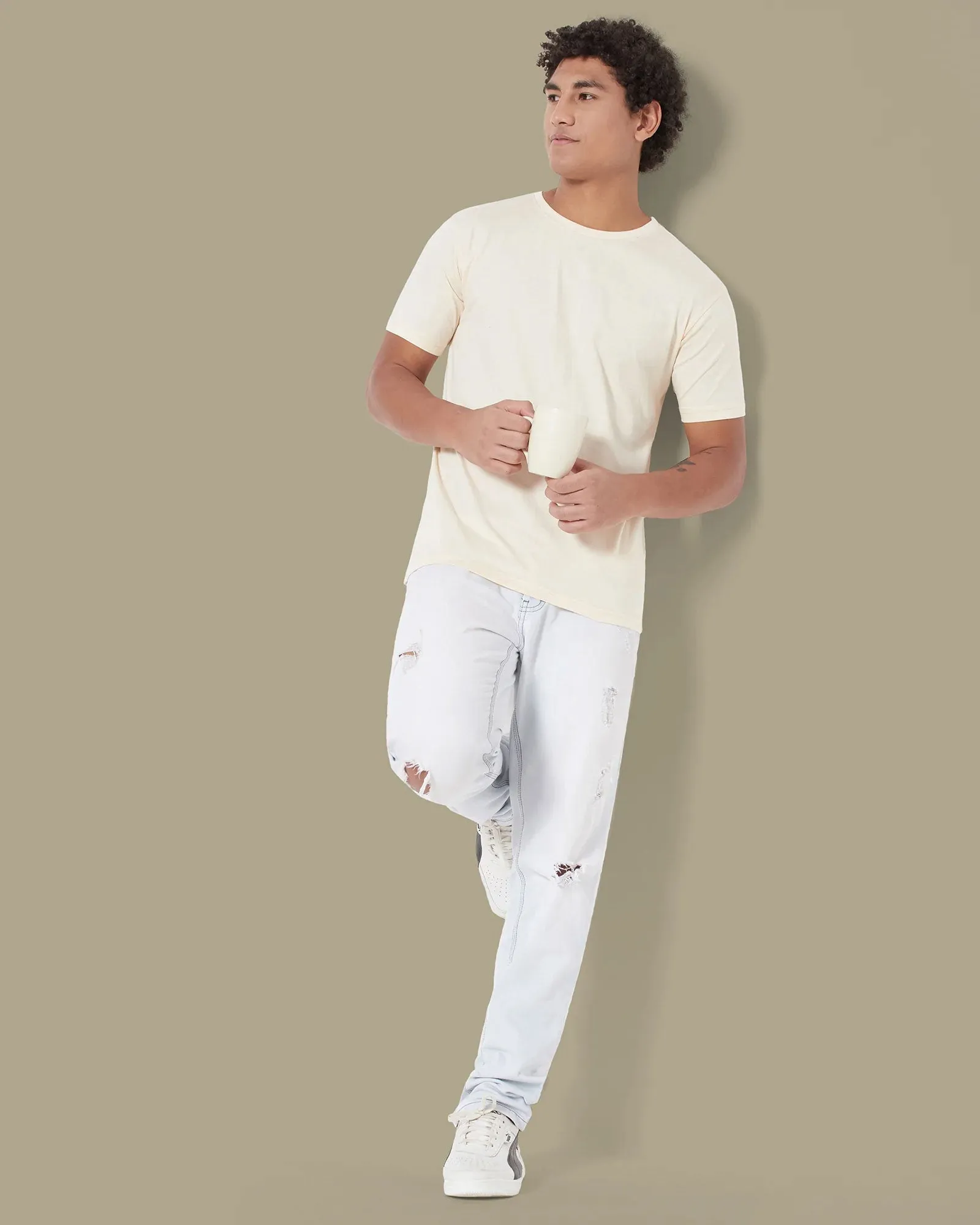 Half Sleeves Crew Neck: Pale Ivory