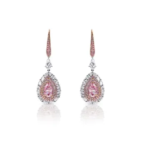 Julie 5 Carat Light and Faint Pink VS1-SI1 Pear Shape Diamond Hanging Earrings in 18k White & Rose Gold. GIA Certified