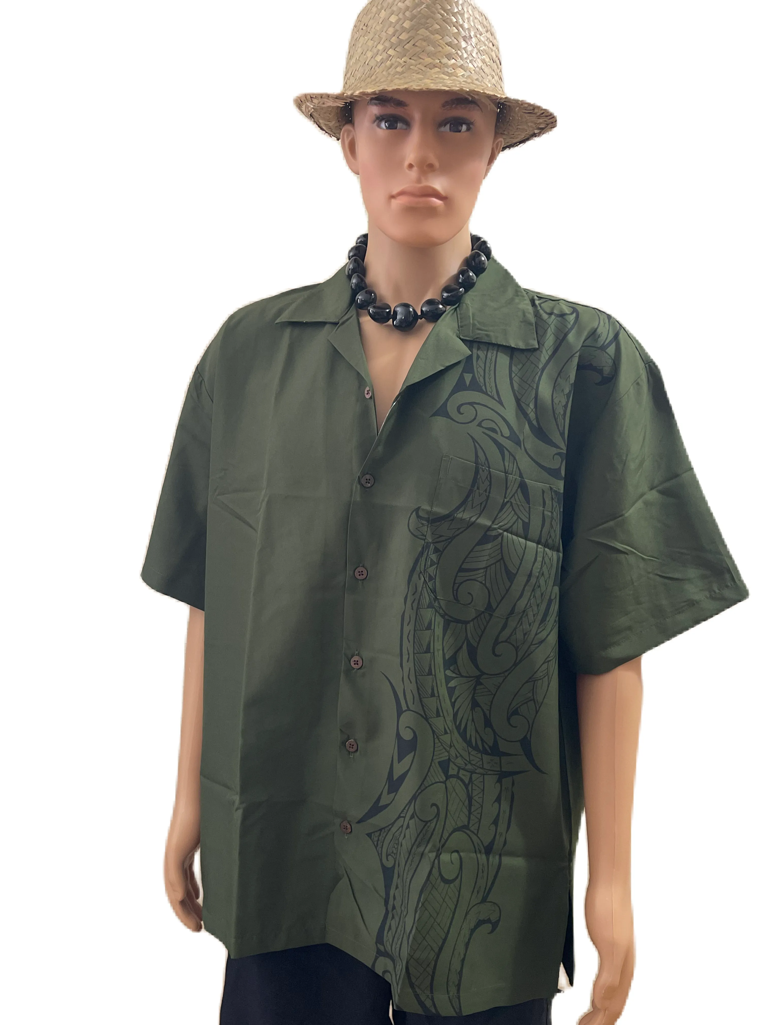 Men’s Vertical Green Tribal Aloha Shirt