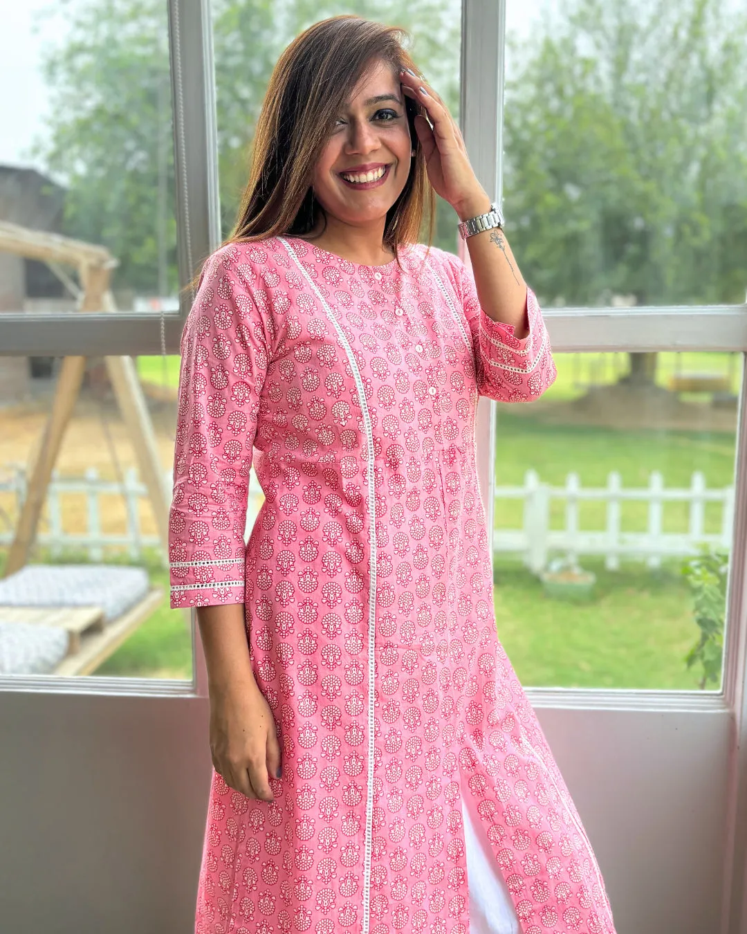 Pink Lace Kurta & White Slip Dress – Set of 2