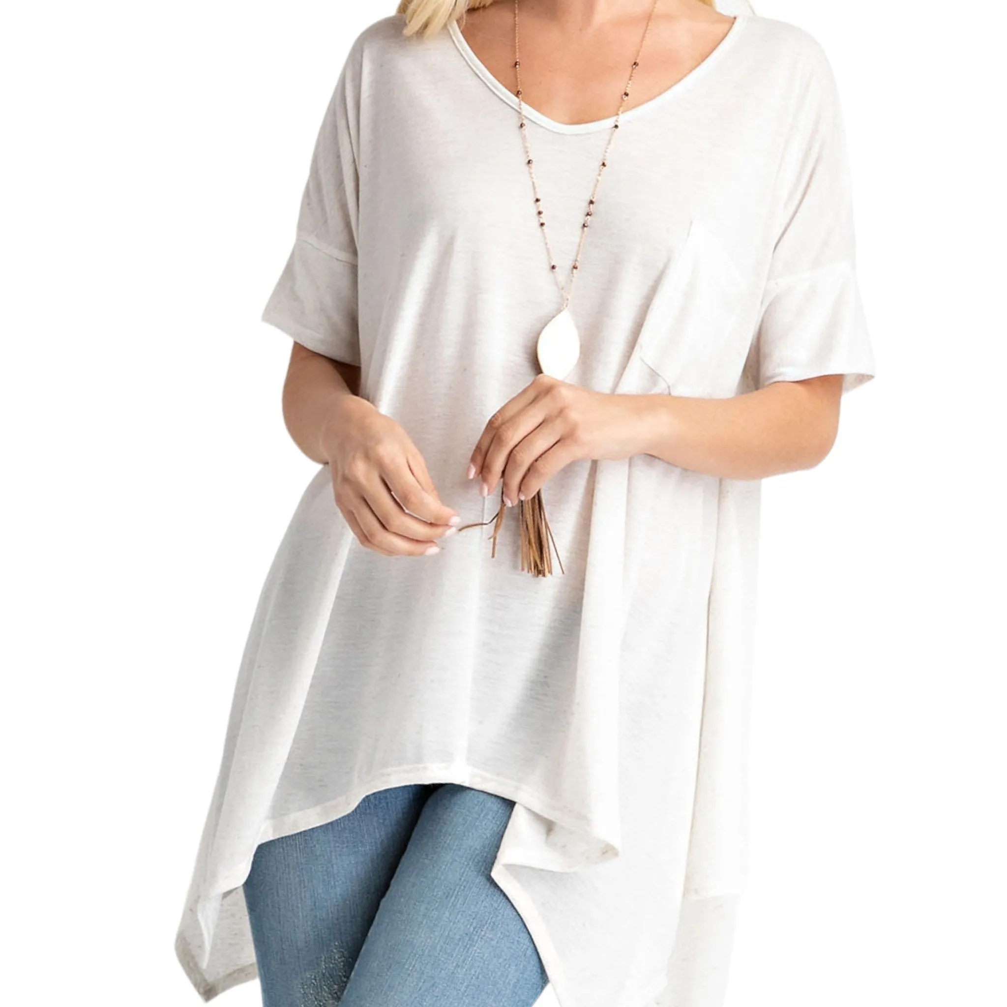 Plus Size Short Sleeve Oatmeal Trapeze Hemline Tunic Top