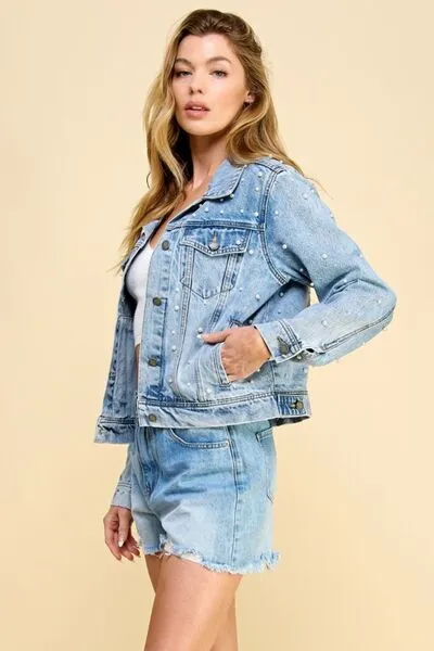 Veveret, Button Up Pearl Detail Long Sleeve Denim Jacket