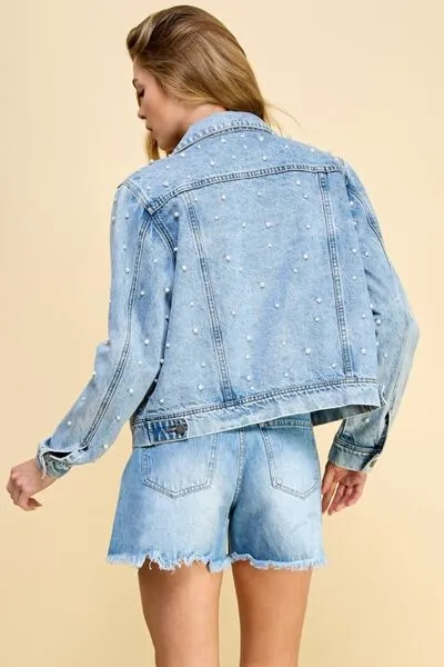 Veveret, Button Up Pearl Detail Long Sleeve Denim Jacket