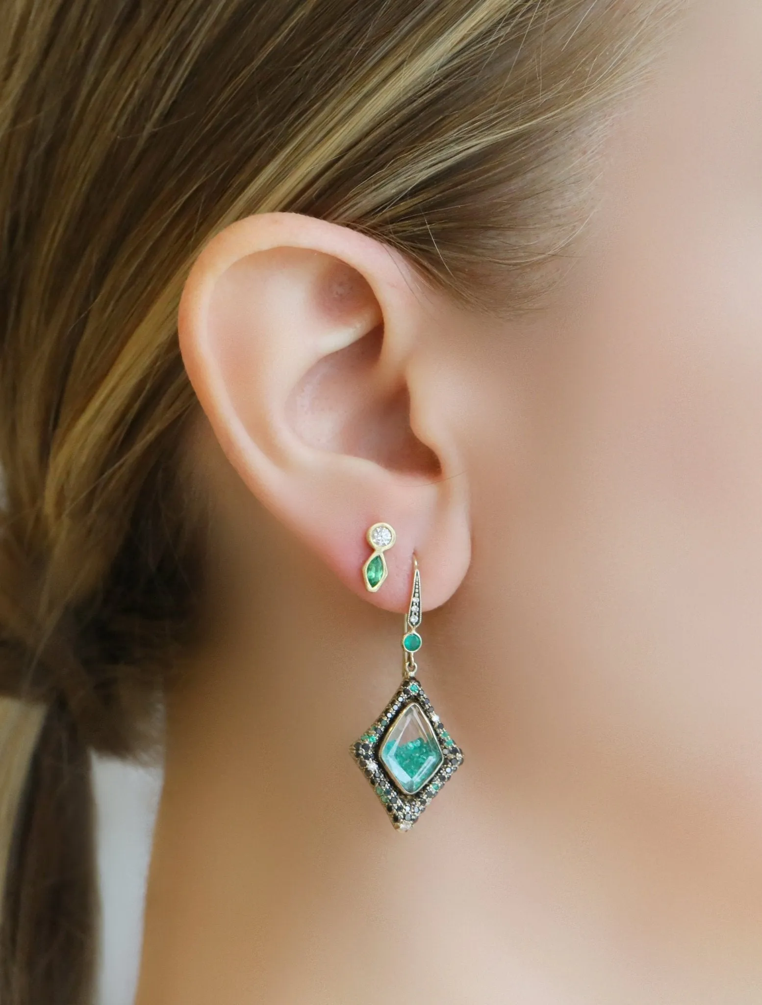 White Gold & Black Diamond Emerald Shaker Earrings