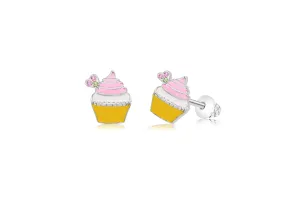 White Gold-toned plated Pink Cupcake with  Stones Screwback Earring