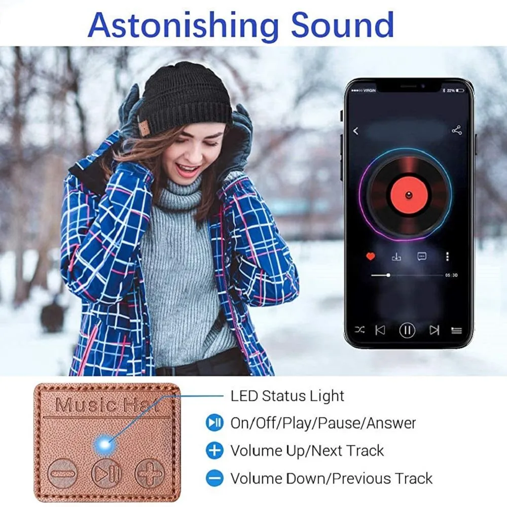 Wireless Bluetooth Beanie Winter Warm Hat Sport Music Headphones